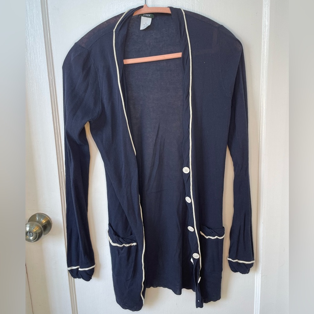 J Crew Long Navy Blue Women's Cardigan with White Trim